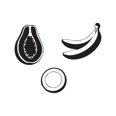 Black and white line art of papaya bananas and coconut for minimalist design art