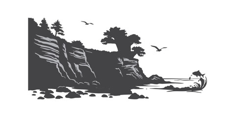 Illustration of coastal landscape with cliffs trees birds and jumping fish design