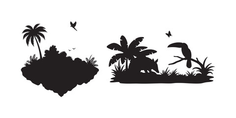 Silhouette jungle scene with animals and tropical plants vector design element