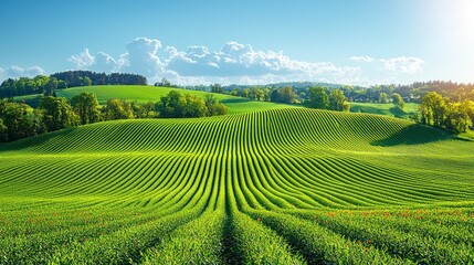 Green field and rolling hills landscape