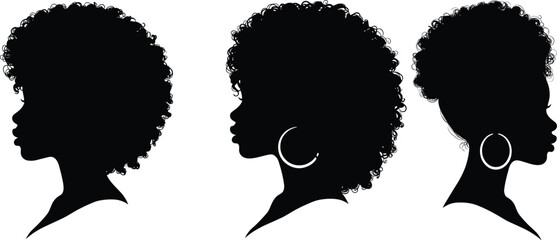 Diverse African American women silhouettes with natural curly afro hairstyles, side profiles, black beauty, cultural representation, empowerment, stylish hair texture details.