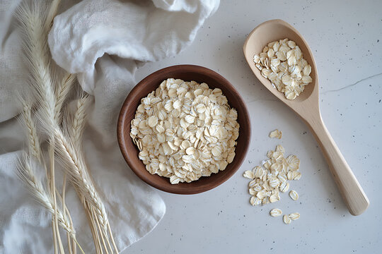 Healthy rolled oats in ceramic bowl with wooden spoon and scattered flakes on light kitchen surface, rustic natural organic whole grain breakfast concept with dry wheat stalks, clean eating fiber food - Powered by Adobe