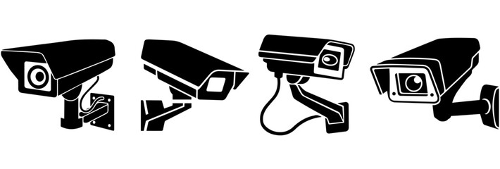Surveillance Silhouette: A set of four monochromatic security cameras, symbolizing vigilance and observation, offering a visual representation of monitoring technology and protection.