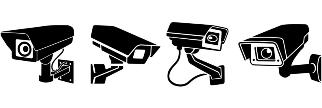 Surveillance Silhouette: A set of four monochromatic security cameras, symbolizing vigilance and observation, offering a visual representation of monitoring technology and protection.