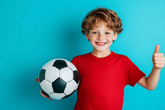 Happy smiling boy holding classic black and white soccer ball showing thumbs up gesture in vibrant red t shirt against bright blue background, cheerful young child enjoying sports and outdoor football - Powered by Adobe