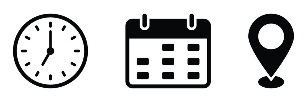 Time, date and address or location icons. Time, date and address vector collection. Calendar, clock and map pin symbol for event, meeting, wedding, schedule, invitation card design element on isolated