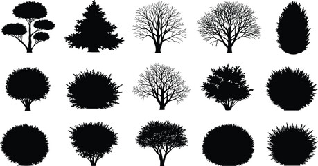 Diverse collection of tree and bush silhouettes in various shapes and forms, including deciduous and coniferous, perfect for landscape design, architectural rendering, and natural environment.