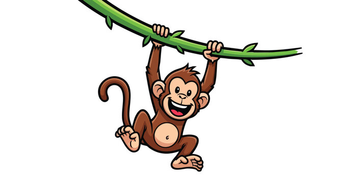 Cartoon monkey hanging from a green vine, smiling with joy on a white background.