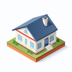 Isometric depiction of a cozy house with a blue roof, surrounded by greenery