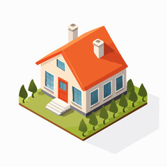 Isometric view of a charming detached house with a bright orange roof and a lush green surrounding