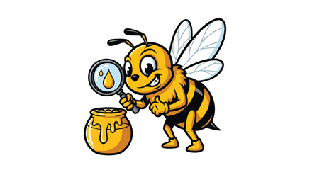 A cheerful cartoon bee inspects a honey pot with a magnifying glass, showcasing its honey production.