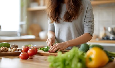 woman in a cozy kitchen preparing a healthy meal with fresh vegetables, fruits, and nuts, showcasing the benefits of zinc for women's health, 