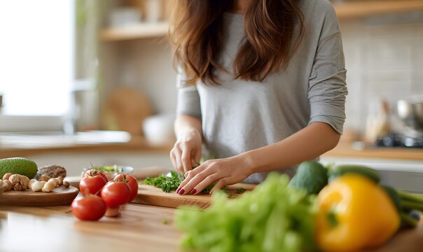 woman in a cozy kitchen preparing a healthy meal with fresh vegetables, fruits, and nuts, showcasing the benefits of zinc for women's health, - Powered by Adobe