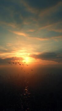 Sunset over city and dirds flying in the sky 