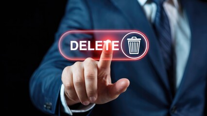 Confident businessman presses glowing 'DELETE' button with trash icon, signifying data removal or system cleanup