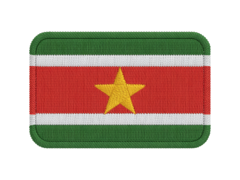 Embroidered flag of Suriname features a vibrant star emblem, transparent background