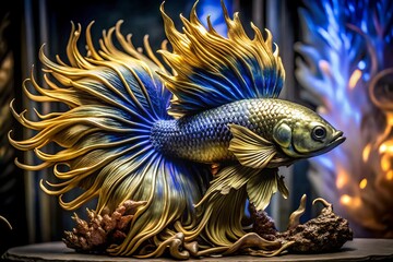 Majestic golden blue betta fish sculpture with elaborate flowing fins and ornate base
