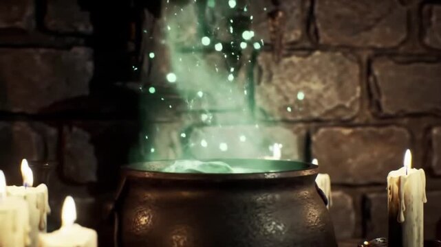Mystical cauldron bubbling with a glowing green potion and sparkling vapor in a dark, candlelit stone room