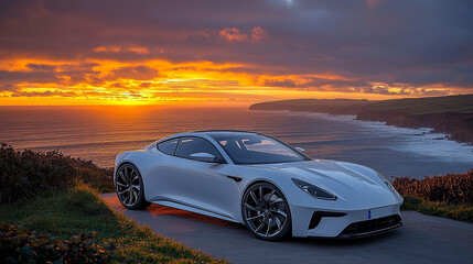 Fototapeta premium Sleek electric grand tourer parked at ocean cliffside villa overlooking vibrant sunset sky.