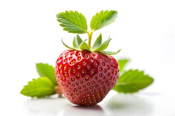 Single Fresh Strawberry with Green Leaves on White Background