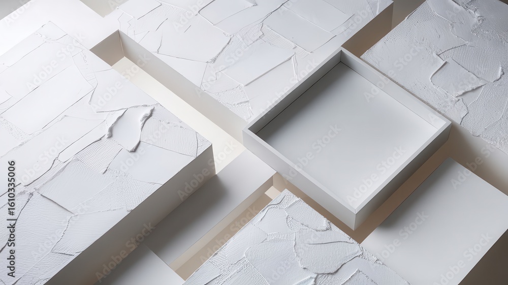 Poster textured white geometric forms with open box create minimalist composition