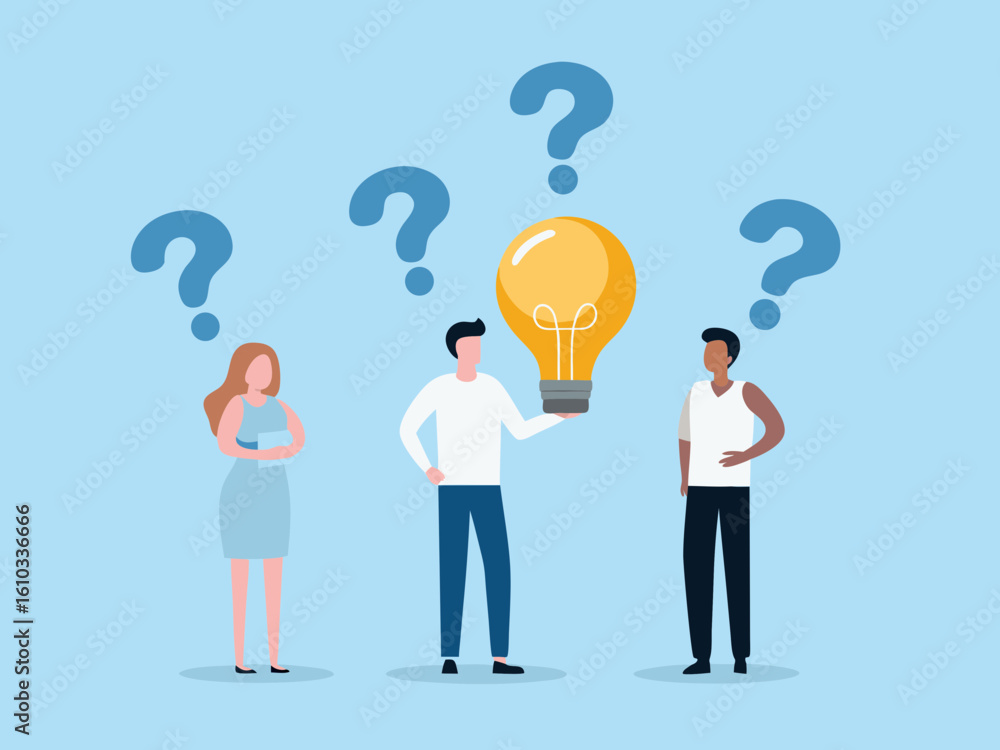 Poster teamwork and idea generation with lightbulb and question marks illustration