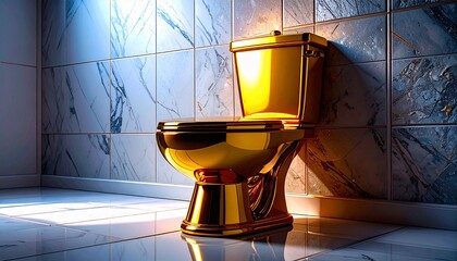 A luxurious golden toilet floats in a futuristic white room.  