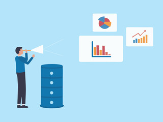 Data Analyst Looking at Business Analytics Charts and Database Server