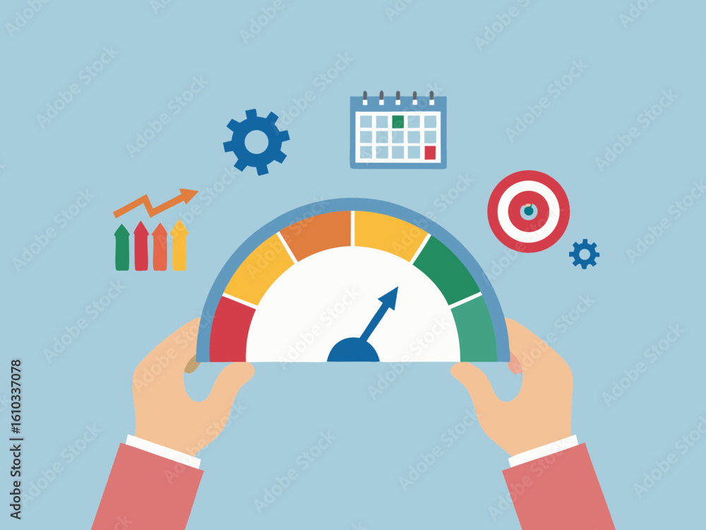 Poster performance measurement with speedometer target calendar graph and gear icons