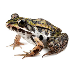 Fototapeta premium A speckled frog isolated on white background showing detailed texture and coloration