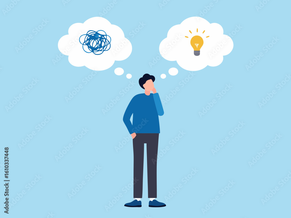Poster man thinking about a problem and finding a solution or idea