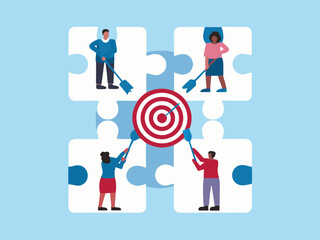 Teamwork and Collaboration Concept with People Connecting Puzzle Pieces to Reach a Target