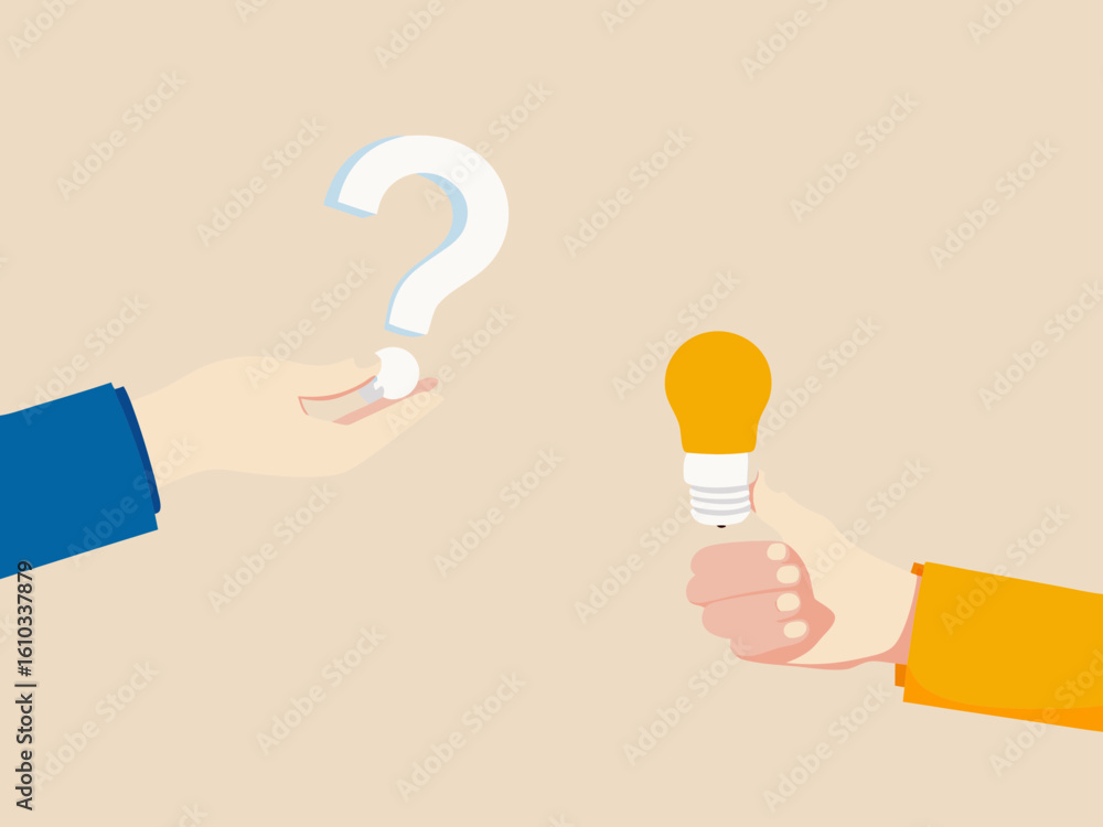 Poster question and answer concept with question mark and light bulb in hands