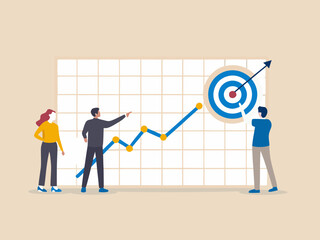 Teamwork achieving business goals with growth chart and target illustration