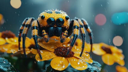 Jumping spider on yellow flower macro