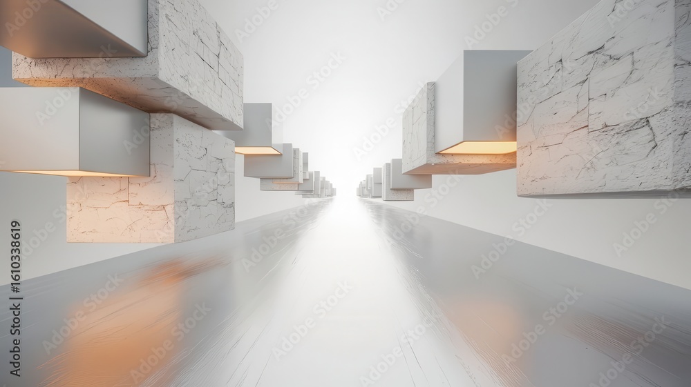 Poster abstract minimalist architecture with concrete cubes in bright endless corridor