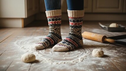 A person in thick, patterned socks stands on a wooden floor amidst a baking mess of flour and dough.
