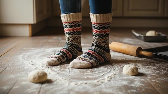 A person in thick, patterned socks stands on a wooden floor amidst a baking mess of flour and dough.