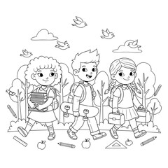 Naklejka premium Back to School Coloring Page with Happy Students
