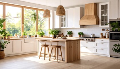 Fototapeta premium Bright and airy kitchen with natural light and wooden elements evoking a calming ambiance