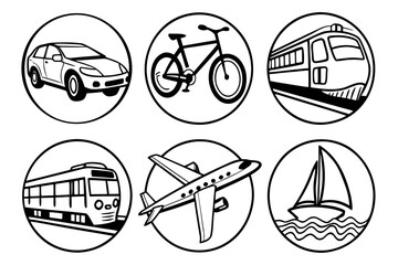 Circular icons of diverse transportation vehicles
