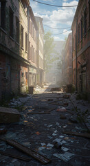 Obraz premium Abandoned urban alley with debris and overgrown vegetation