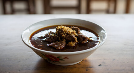 Delicious Thai Beef Stew in Bowl on Wood Tabletop Close Up