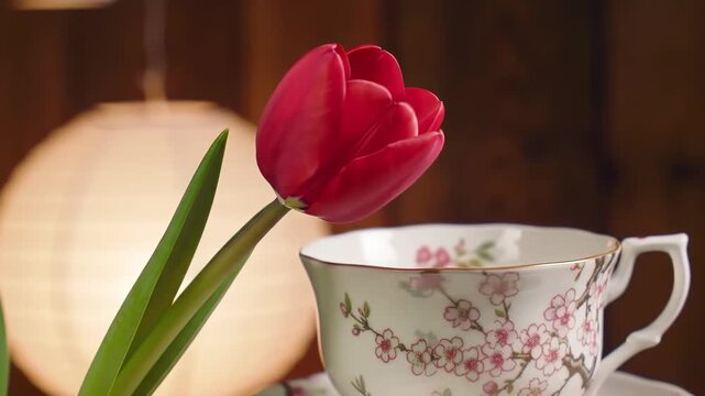 Elegant still life showcasing a red tulip beside a teacup with cherry blossom pattern