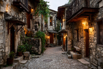 Obraz premium Traditional old stone village with cobblestone street rustic houses and warm evening lights