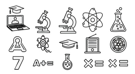 Line art icons depicting education and science, including a laptop, microscope, atom, flask, graduation cap, diploma, and mathematical symbols.