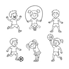 Naklejka premium Active Kids: Line Art Illustrations of Children Playing Sports