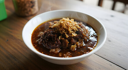 Delicious Indonesian Rawon Dish Close Up with Fried Garlic Topping