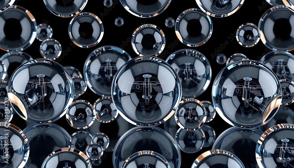 Poster dynamic bubbles floating in a black environment 3d visualization abstract concept