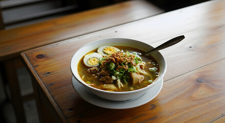 Delicious Soto Ayam Indonesian Chicken Soup with Egg and Condiments
